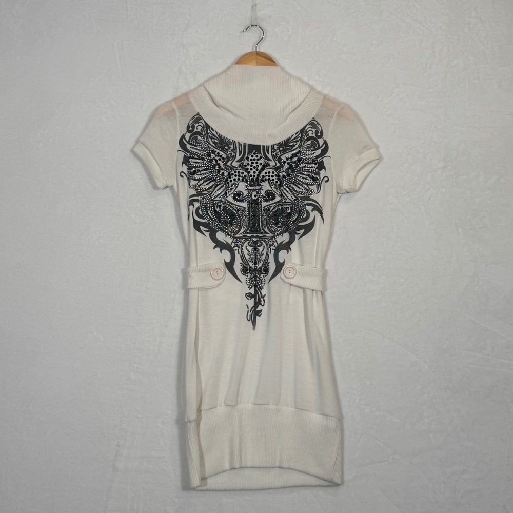 Vintage Y2K Bling Bling White Rhinestone Graphic Cowl Neck Tunic Top Medium